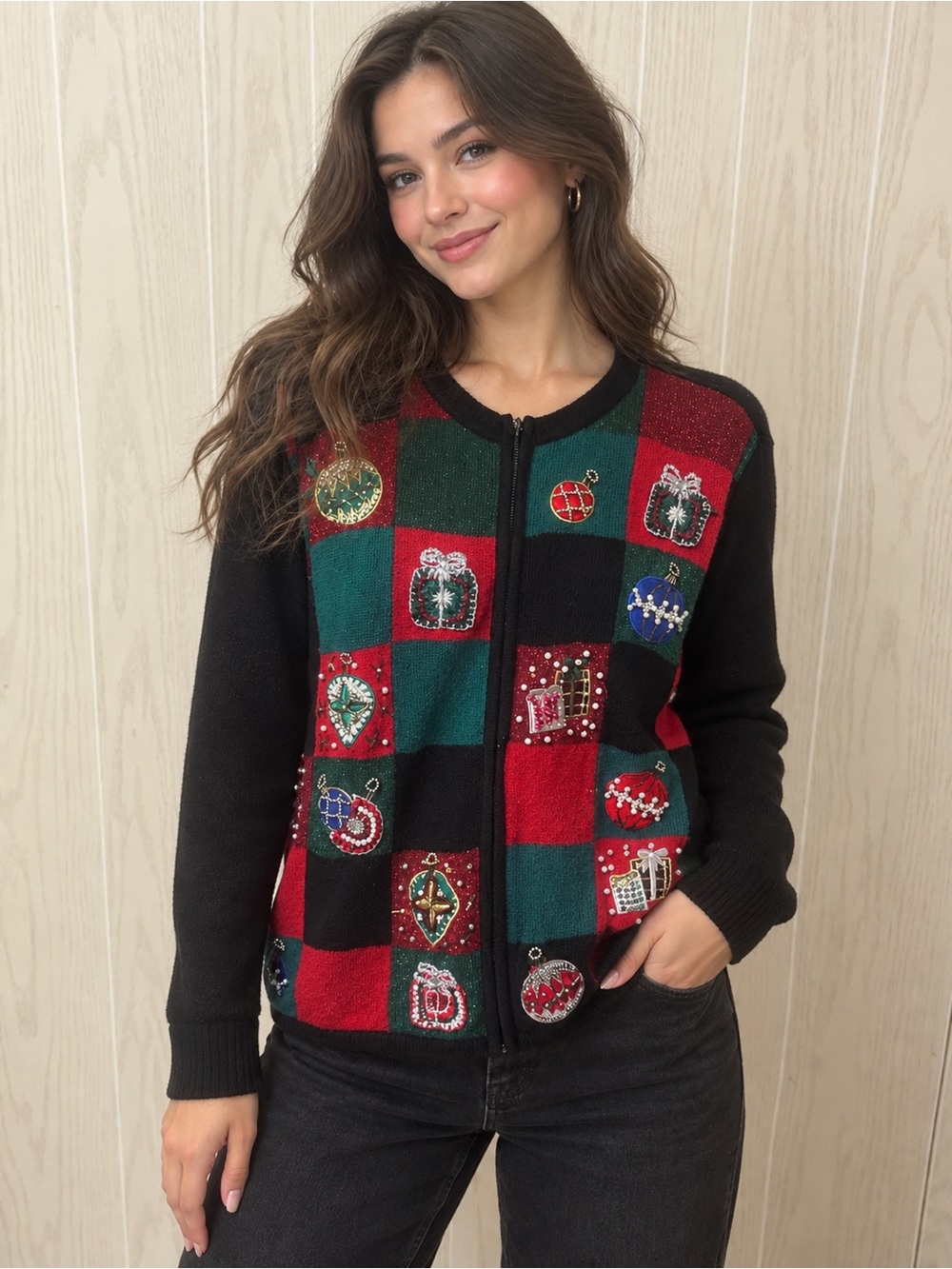 Victoria Jones 90s patchwork zip-up Christmas sweater cardigan XL